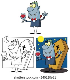 Halloween Vampire With A Glass. Vector Collection Set