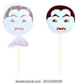 Halloween vampire hard candy. Scary evil monster lollipop. Trick or treat