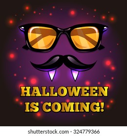Halloween vampire hipster poster -  vector illustration. Fashionable background with sparkles. Lettering Halloween is coming with hipster man with glasses, mustache, vampire teeth.