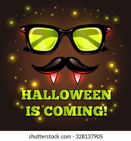 Halloween vampire hipster poster - vector illustration. Fashionable background with sparkles. Lettering Halloween is coming with hipster man with glasses, mustache, vampire teeth.