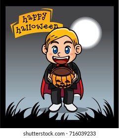 Halloween vampire holding candy pumpkin 