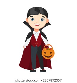 Halloween vampire kid. Trick or treat tradition, scary childrens costumes vector cartoon illustration