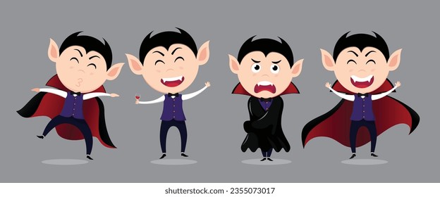 Halloween vampire man characters vector set design. Halloween dracula character collection in cute spooky and scary wearing cape costume elements. Vector illustration party mascot collection.
