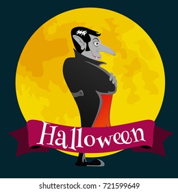 Halloween vampire on the full moon, Draculas monster in cloak flat vector illustrations, good for party invitation or flyer, greeting card