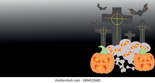 Halloween, vampire, skull, cemetery banner background, card, poster, pumpkin lantern, yellow and orange and dark background vector copy space