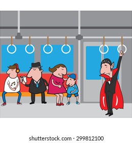 Halloween vampire in subway with people cartoon vector