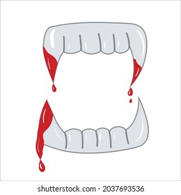 Dientes vampiros de Halloween con ilustración vectorial plana de sangre. Objeto aislado sobre fondo blanco. Bueno para afiches, invitaciones a fiestas, pegatinas, tarjetas, regalo.