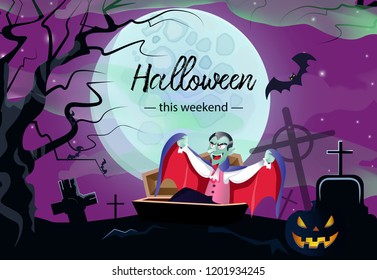 Halloween vampire weekend poster design. Creative lettering with vampire in coffin, pumpkin, bat, trees, full moon on cemetery. Lettering can be used for invitations, banners, leaflets. 