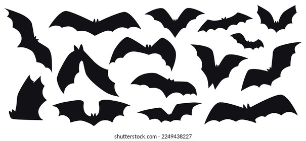 Halloween Vampirflügel, Fledermaussilhouetten. Graue Schattenformen, schlechte schwarze Tiere in verschiedenen Posen, Fluchtretterblutspender. Graue Flittermaus. Vektorgrafik-jüngstes Set einzeln