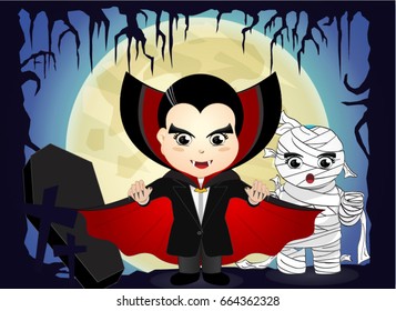Halloween with vampire and zombie cartoons vector, illustration.