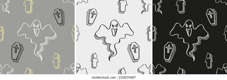Halloween various seamless patterns. Endless texture for wallpaper, web page background, wrapping paper, etc. Ghosts, coffins, cross and candles. Black, gray and white vector illustration.