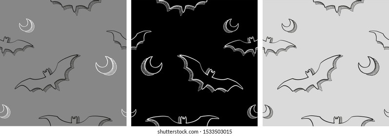 Halloween various seamless patterns. Endless texture for wallpaper, web page background, wrapping paper, etc. Bats and moon. Monochrome vector illustration.