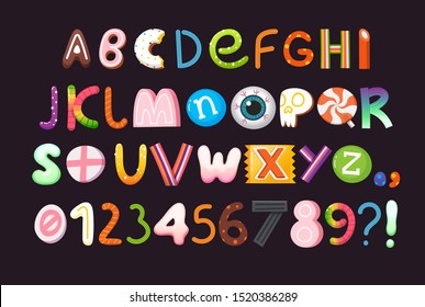 Halloween vector alphabet with letters and numbers made of sweets and candies. Part 3/3