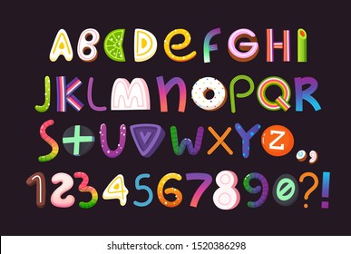 Halloween vector alphabet with letters and numbers made of sweets and candies. Part 2/3