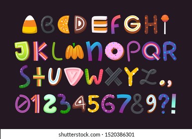 Halloween vector alphabet with letters and numbers made of sweets and candies. Part 1/3