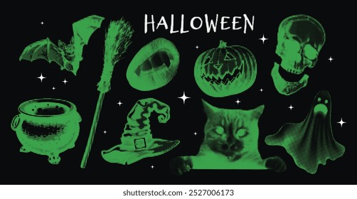 Halloween vector art with halftone effect. Includes cat, pumpkin, bat, and skeleton among spooky elements like witches and ghosts, creating an eerie atmosphere for any event.