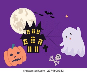 Halloween-Vektorkunst mit Kürbis, Boo, Fledermaus, Schädel, Knochen, Vollmond und einem Spukthaus.