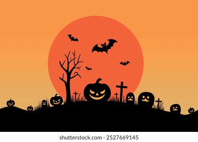 Halloween vector art with yellow background evening view. Chilling halloween night silhouette scene with playful pumpkins.