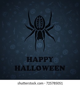 Halloween Vector Background, Abstract Blue Pattern. Pumpkin, Bat, Spider, Skull Silhouette. Halloween Background.