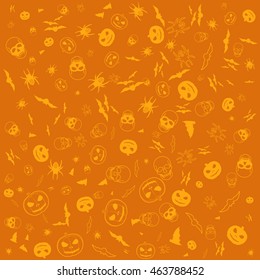 Halloween Vector Background, Abstract Orange Pattern. Pumpkin, Bat, Spider, Skull Silhouette.
