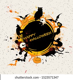 Halloween vector background with black cat, ghost and pumpkins. Grunge round banner for Halloween party