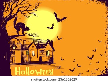 Halloween vector background. Black cat silhouette and flying bats on Halloween night moon illustration background for text.