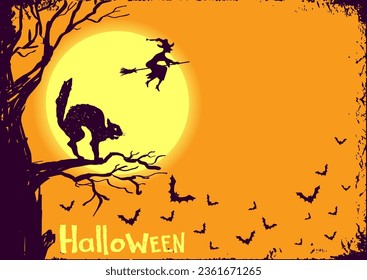 Halloween vector background. Black cat silhouette and flying witch on Halloween night moon illustration background for text.