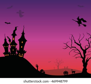 Halloween vector background with castle, bat and witch