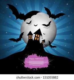 Halloween Vector Background with Castle, Bats and Moon
