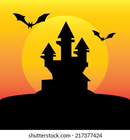 Halloween vector background : castle bats and moon