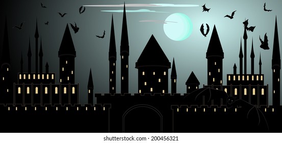 Halloween vector background with castle towers and flying bats 