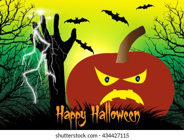 Halloween vector background concept template scary graveyard with spooky pumpkin,flying bats,dead tree,thunder bolt and zombie hand raising.