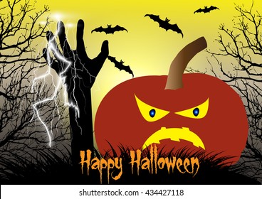 Halloween vector background concept template scary graveyard with spooky pumpkin,flying bats,dead tree,thunder bolt and zombie hand raising.