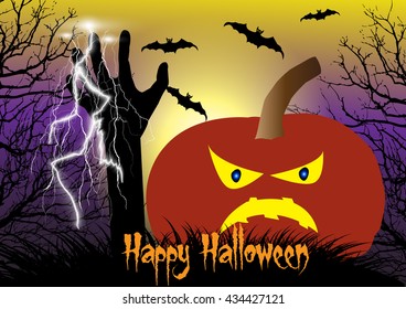 Halloween vector background concept template scary graveyard with spooky pumpkin,flying bats,dead tree,thunder bolt and zombie hand raising.