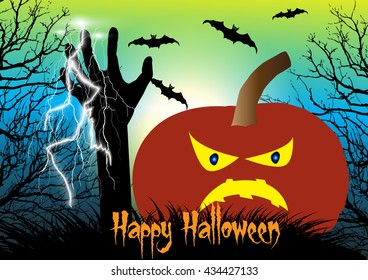 Halloween vector background concept template scary graveyard with spooky pumpkin,flying bats,dead tree,thunder bolt and zombie hand raising.