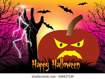 Halloween vector background concept template scary graveyard with spooky pumpkin,flying bats,dead tree,thunder bolt and zombie hand raising.