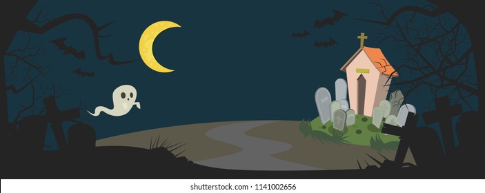 Halloween vector background with cute ghost character.Halloween web banner with silhouette 's cemetery.