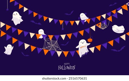 Fondo de Vector de Halloween con fantasmas lindos, guirnaldas de bandera, araña con telaraña, calabaza. Diseño de Anuncio de invitación de Halloween en estilo plano de dibujos animados.