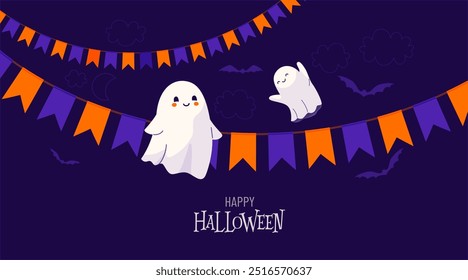 Halloween Vektorhintergrund mit niedlichen Geistern, Flaggengirlanden, Fledermäuse am Himmel, Mond. Halloween Einladung Banner Design in flachen Cartoon-Stil.