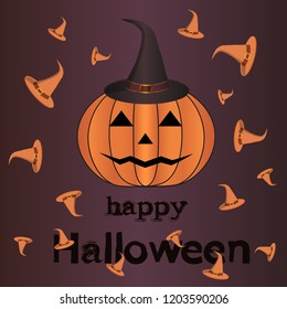 Halloween vector background with cute pumpkin and witch hat