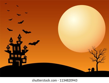 Halloween vector background with dark castle, moon and bat silhouette style of sunset orange light
