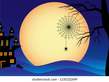 Halloween vector background with dark castle, moon and spider silhouette style of sunset blue light