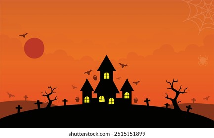 Halloween vector background with dark castle. Vector Halloween landscape with silhouettes of scary trees, graves and flying bats. Background full moon orange and dead branches. Orange background.