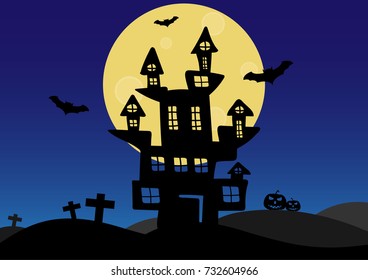 Halloween vector background with dark castle, moon and bat silhouette style