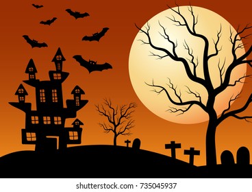 Halloween vector background with dark castle, moon and bat silhouette style of sunset orange light