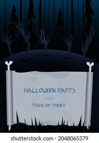 Halloween vector background with dark forest, creepy hands out of the ground and empty sheet of paper