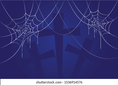 Halloween vector background with dark graveyard illustration and cobwebs hanging