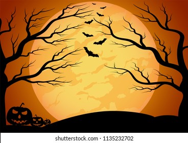 Halloween vector background with dark pumpkin, moon and bat silhouette style of sunset orange light