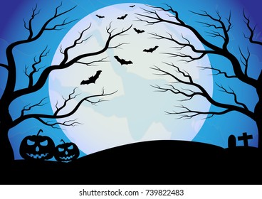 Halloween vector background with dark pumpkin, moon and bat silhouette style of blue light