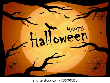 Halloween vector background with dark tree, bat and spider style of moon orange light